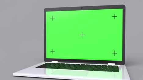 laptop with a green screen on a gray background. 4k animation with alpha channel. change the background and image on the laptop screen.