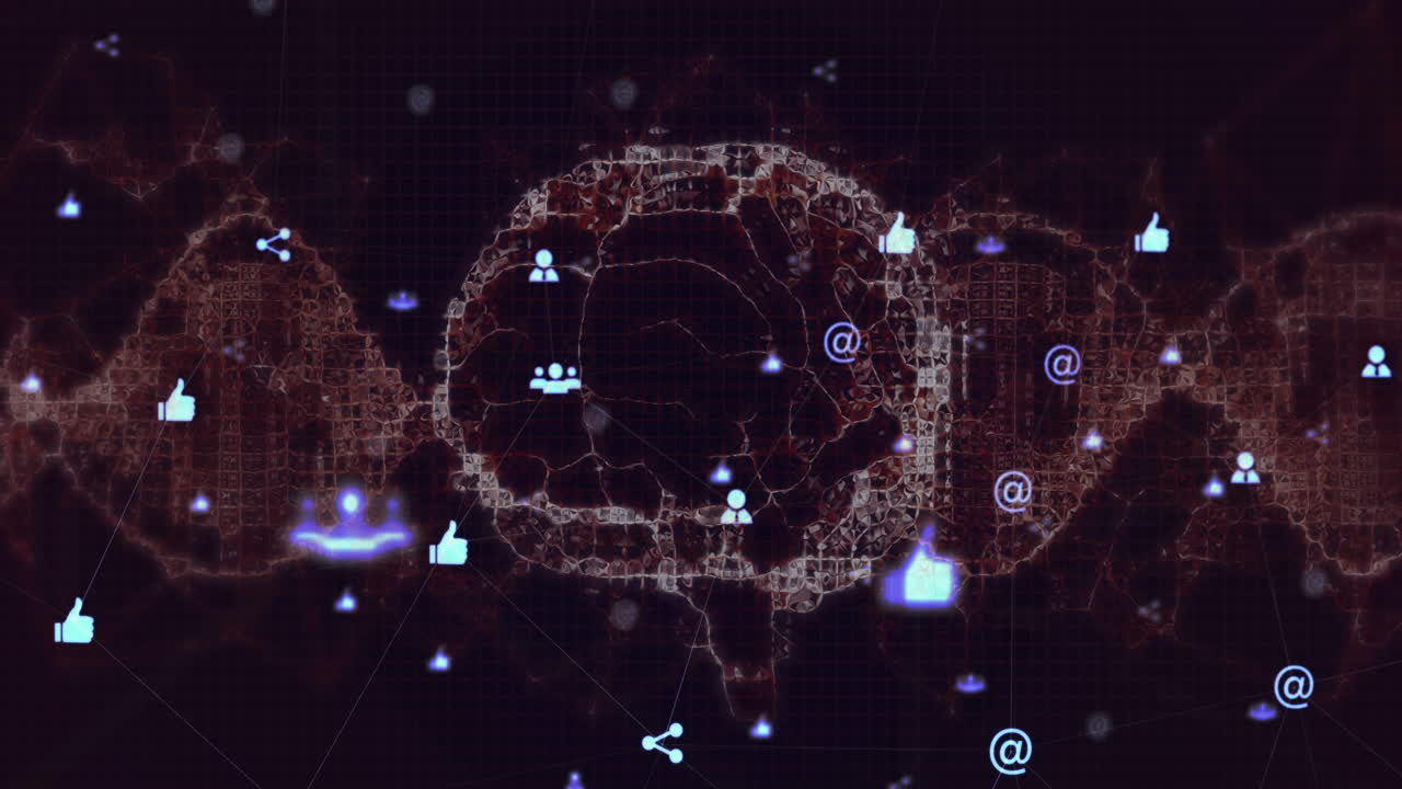 Animation of digital brain and data processing,with purple icons floating on black