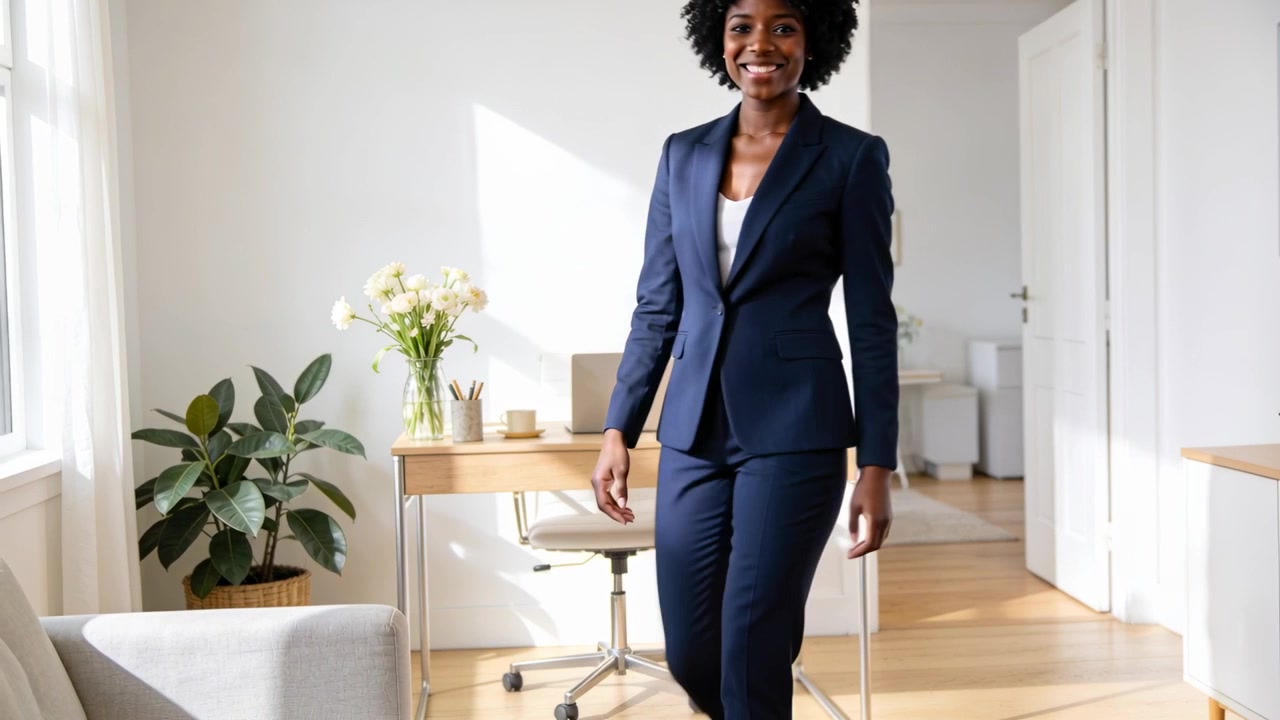 Una donna in tailleur blu scuro che entra e cammina attraverso la porta verso una scrivania da ufficio domestico con laptop, iniziando a lavorare.