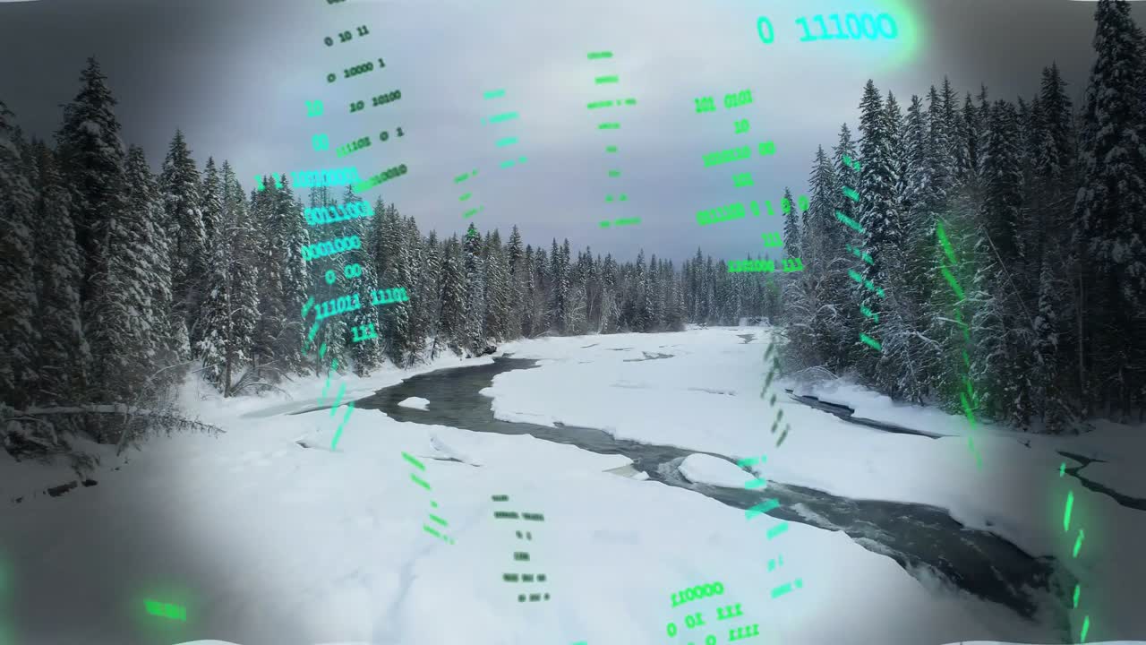 Drone descending, initiating green HUD columns and binary data over river, revealing ice for tech