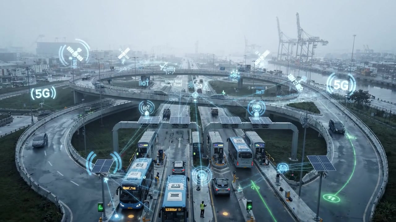 Incrocio Urbano Futuristico con Gestione Intelligente del Traffico e Connettività 5G in un Ambiente Portuale Industriale Nebbioso con Autobus e Veicoli Elettrici.