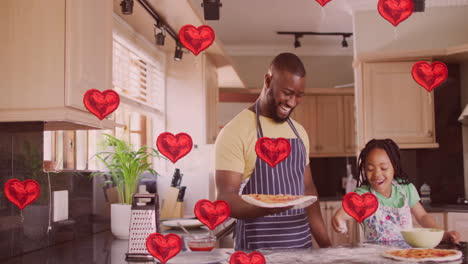 cooking pizza together, father and daughter in kitchen with red hearts animation