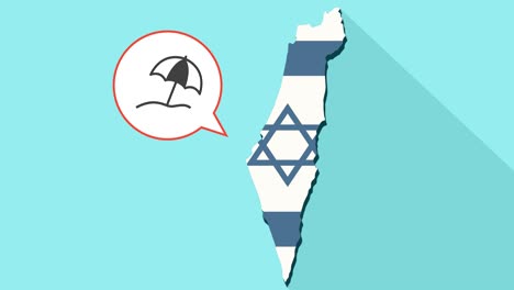 animation of a long shadow israel map with its flag and a comic balloon with a beach umbrella