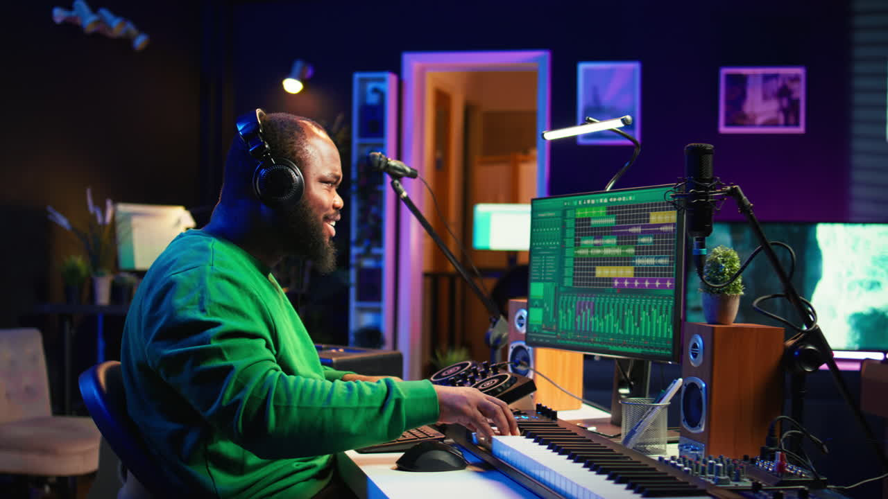 joven músico girando botones y mezclando melodías con una consola