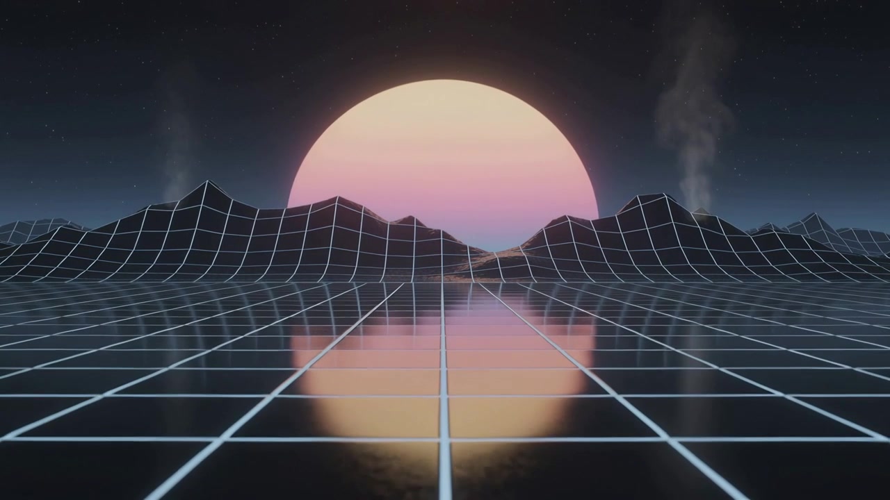 Glowing pastel sun disk reflecting on mirror grid, dolly moving to horizon, wire peaks