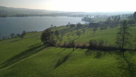 drone footage of green hills with trees over lake baldegg in central switzerland