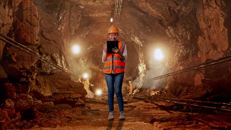 full body of asian female engineer with safety helmet working on a tablet in underground mine tunnel