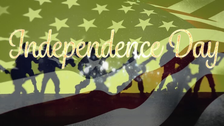 Figurskygger med vajende amerikansk flag og forgrund med uafhængighedsdag
