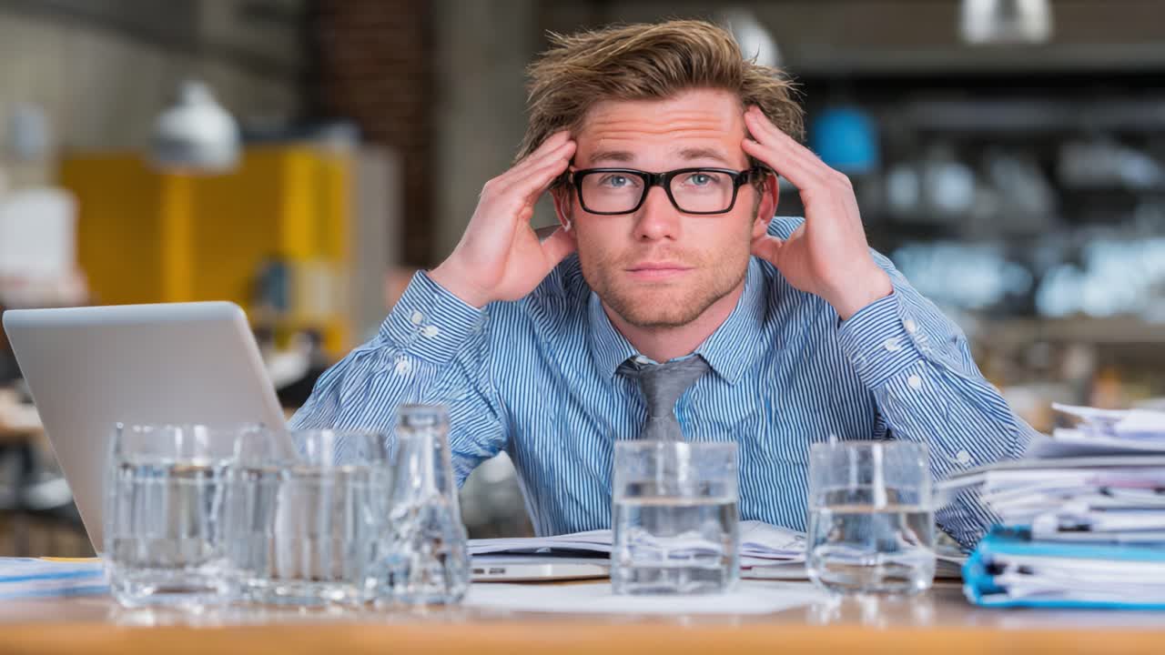 A Young Professional Struggles to Manage Stress at Work While Surrounded by Papers and Oversized Glasses Near His Laptop