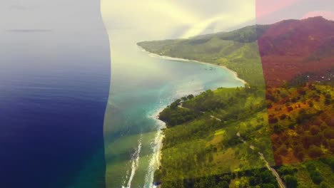 Digital-composition-of-waving-france-flag-against-aerial-view-of-the-sea