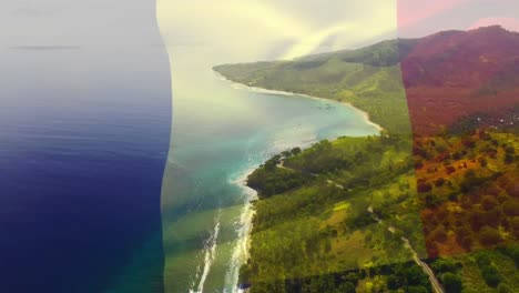 Composición-Digital-De-Ondear-La-Bandera-De-Francia-Contra-La-Vista-Aérea-Del-Mar