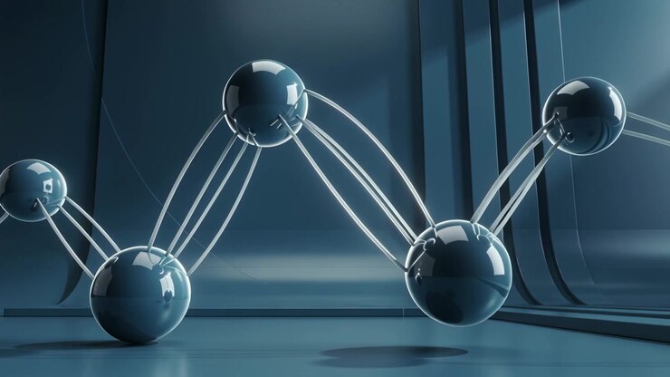 Starting playback, chain of five glossy spheres oscillating across studio, with transparent rods
