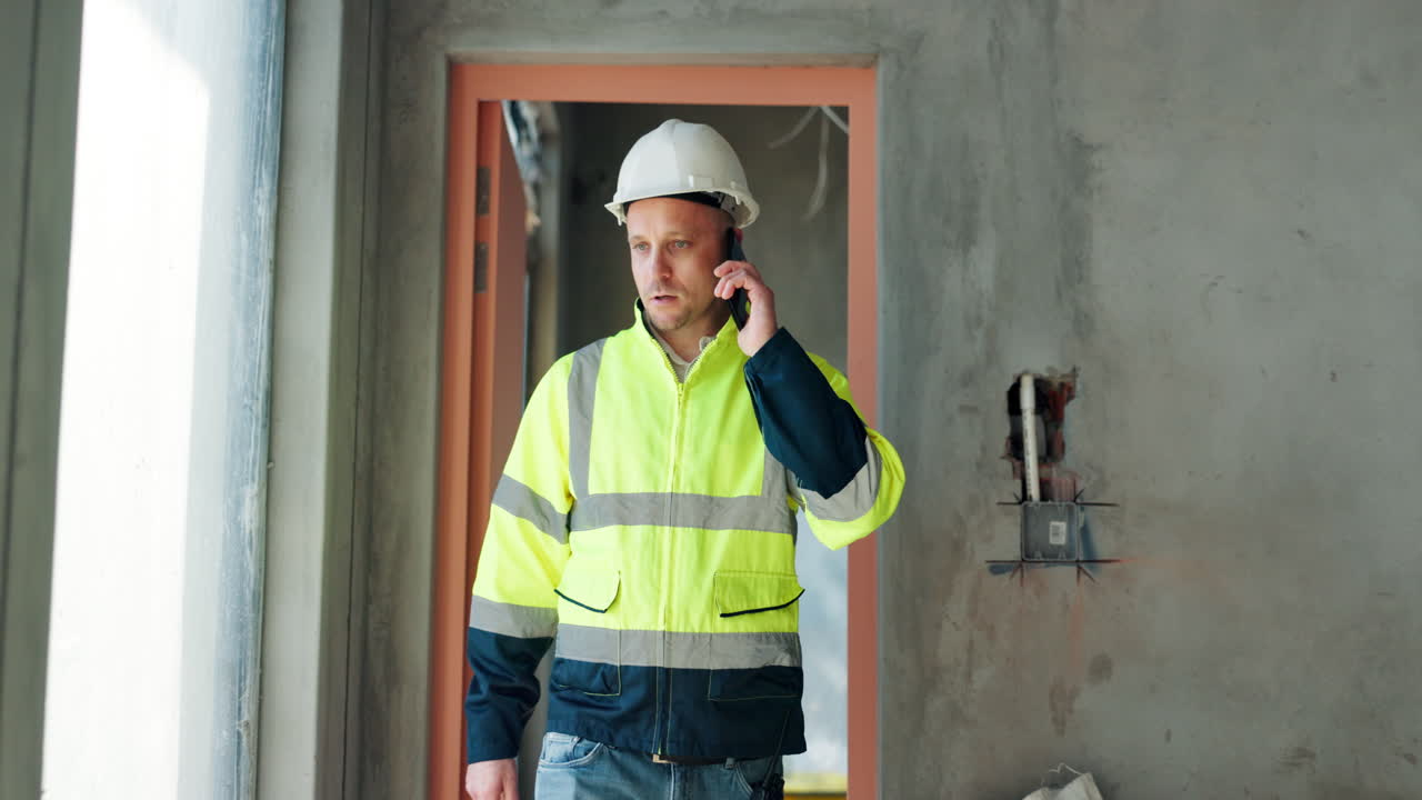 trabajador de la construcción en una llamada telefónica en un sitio de construcción