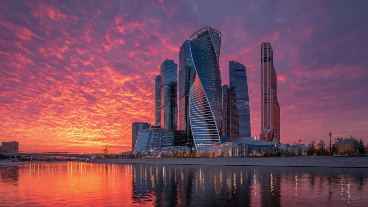 Horizonte deslumbrante ao pôr do sol: uma paisagem urbana dinâmica iluminada por cores vibrantes que se refletem na água, capturando a arquitetura moderna contra um céu dramático