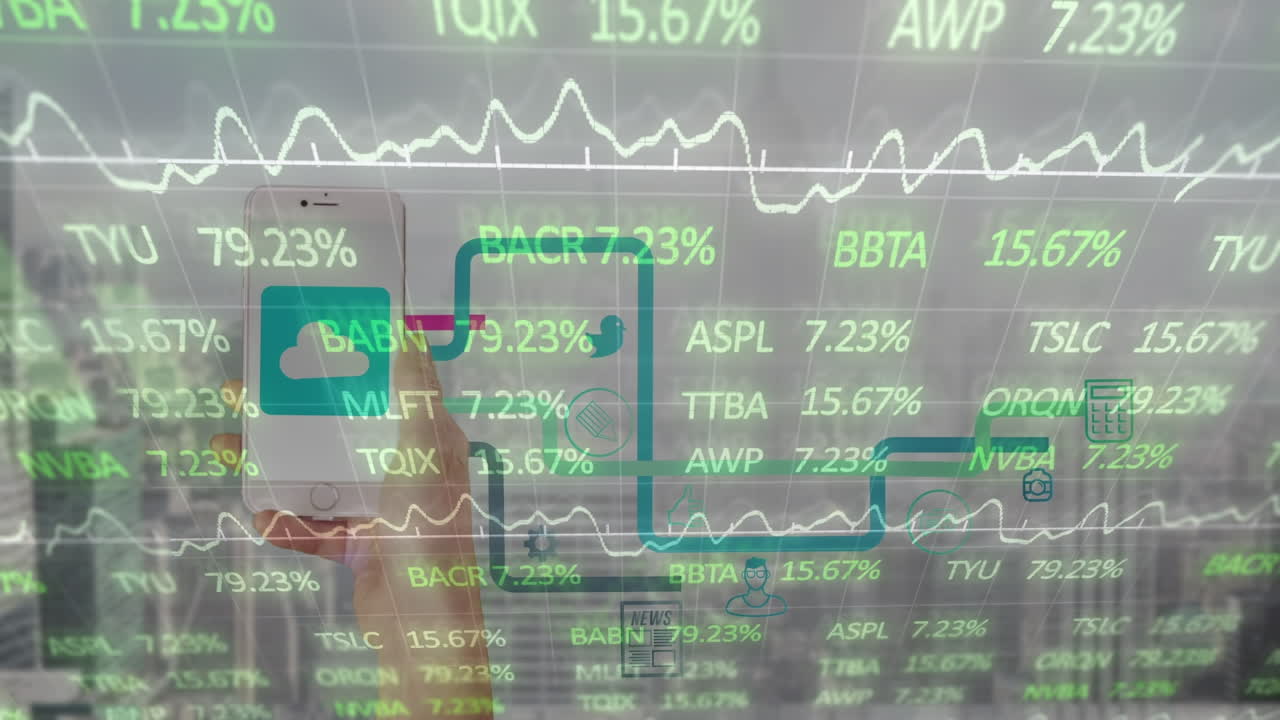 animación de la tabla de negociación sobre la mano usando el teléfono con el diagrama de flujo del icono de la aplicación sobre el paisaje urbano