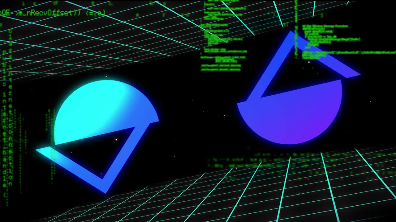animación de formas y procesamiento de datos sobre fondo oscuro