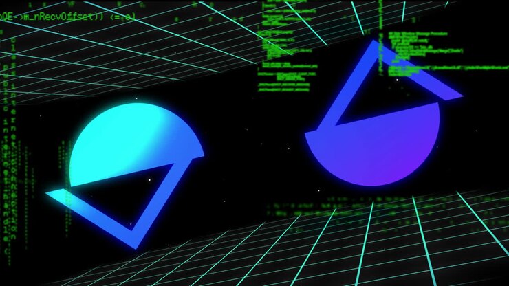 Animation of shapes and data processing over dark background