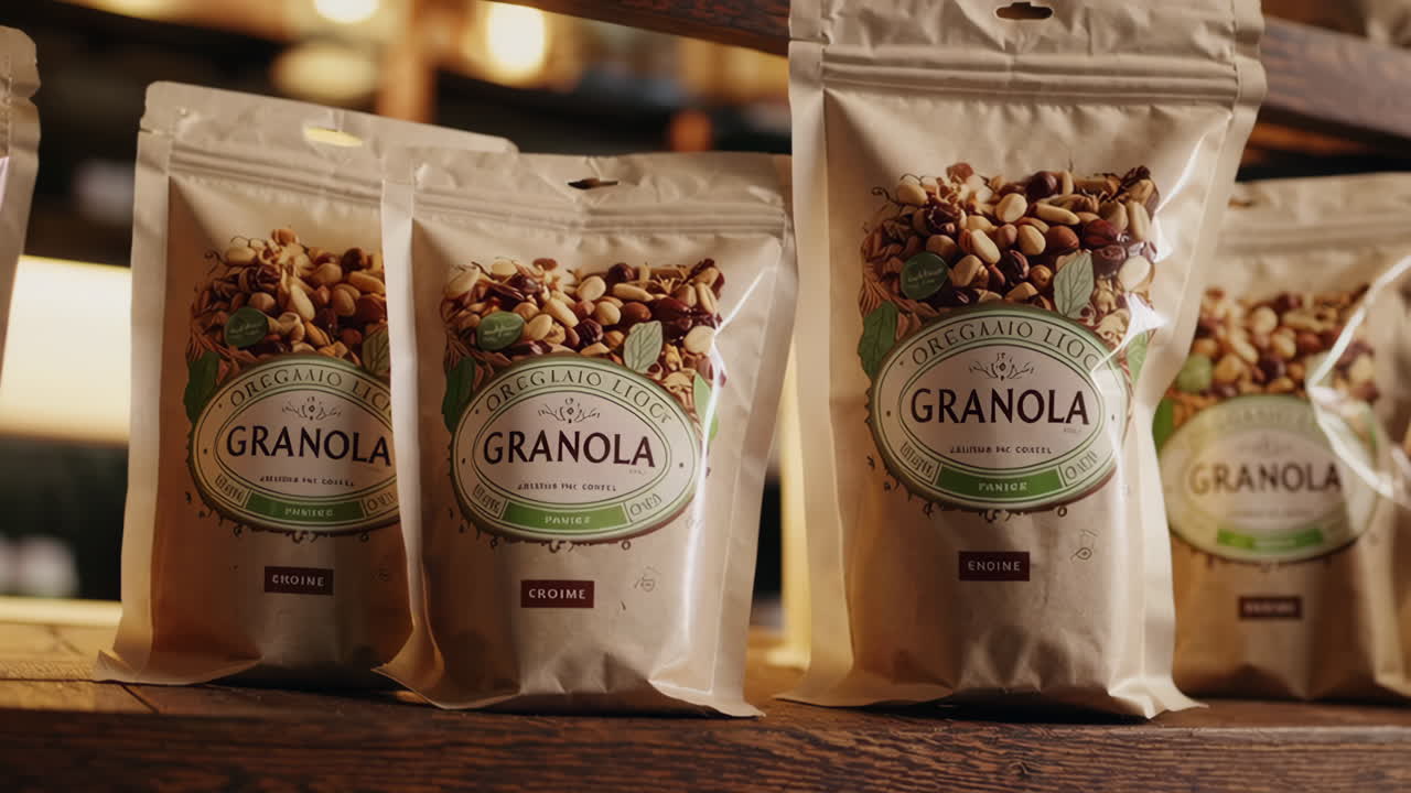 Bolsas de granola en un estante de madera