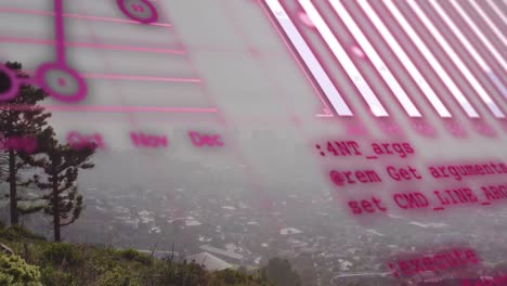 animación del procesamiento de datos estadísticos frente a una vista aérea del paisaje urbano