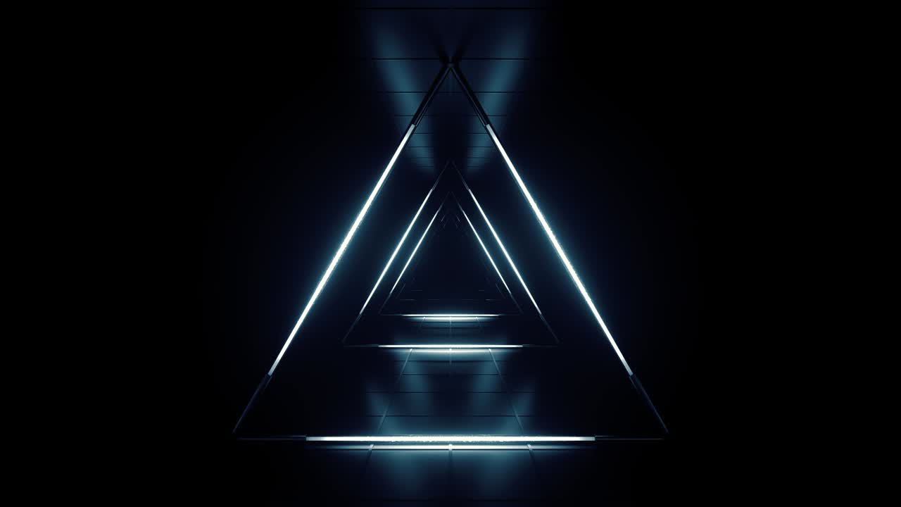 fondo futurista blanco azul abstracto. espacio de tubos de luz de neón brillantes de astera en fondo negro. tecnología, concepto vj. vista interior del túnel desde un triángulo. lámpara led. animación de bucle 3d