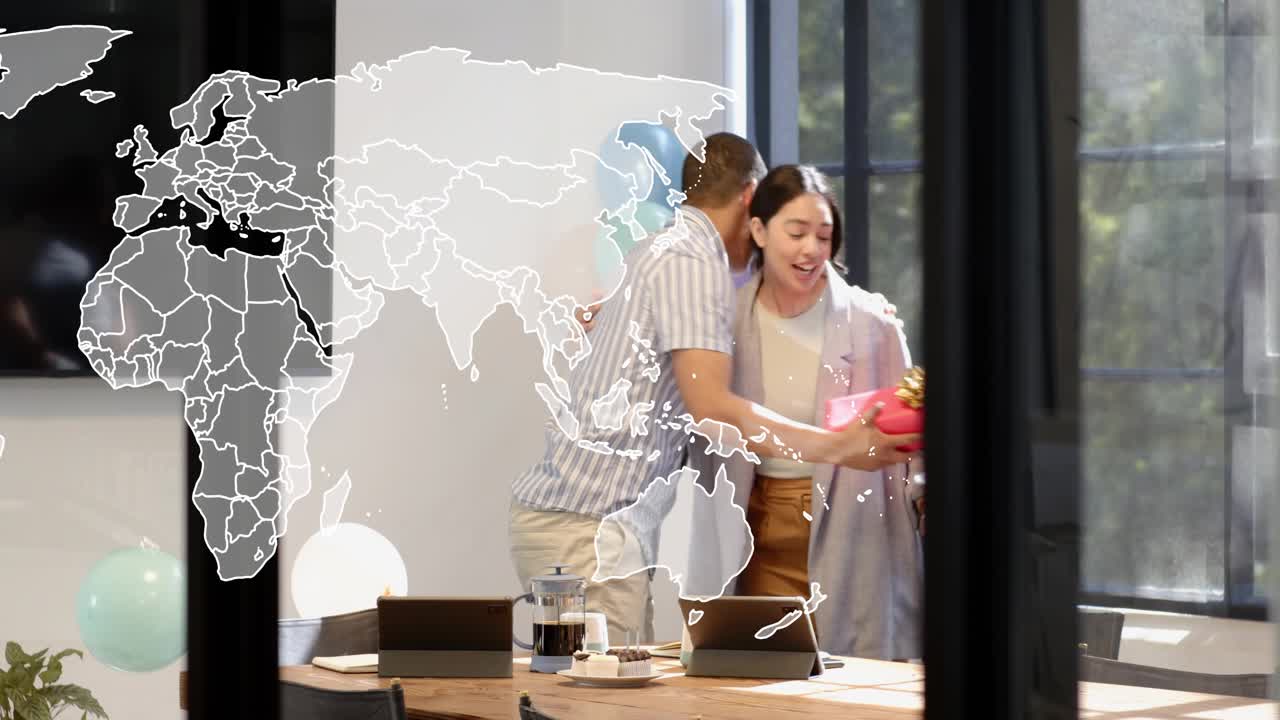 Woman entering with gift, man rising taking gift, hugging for office party, map overlay on glass