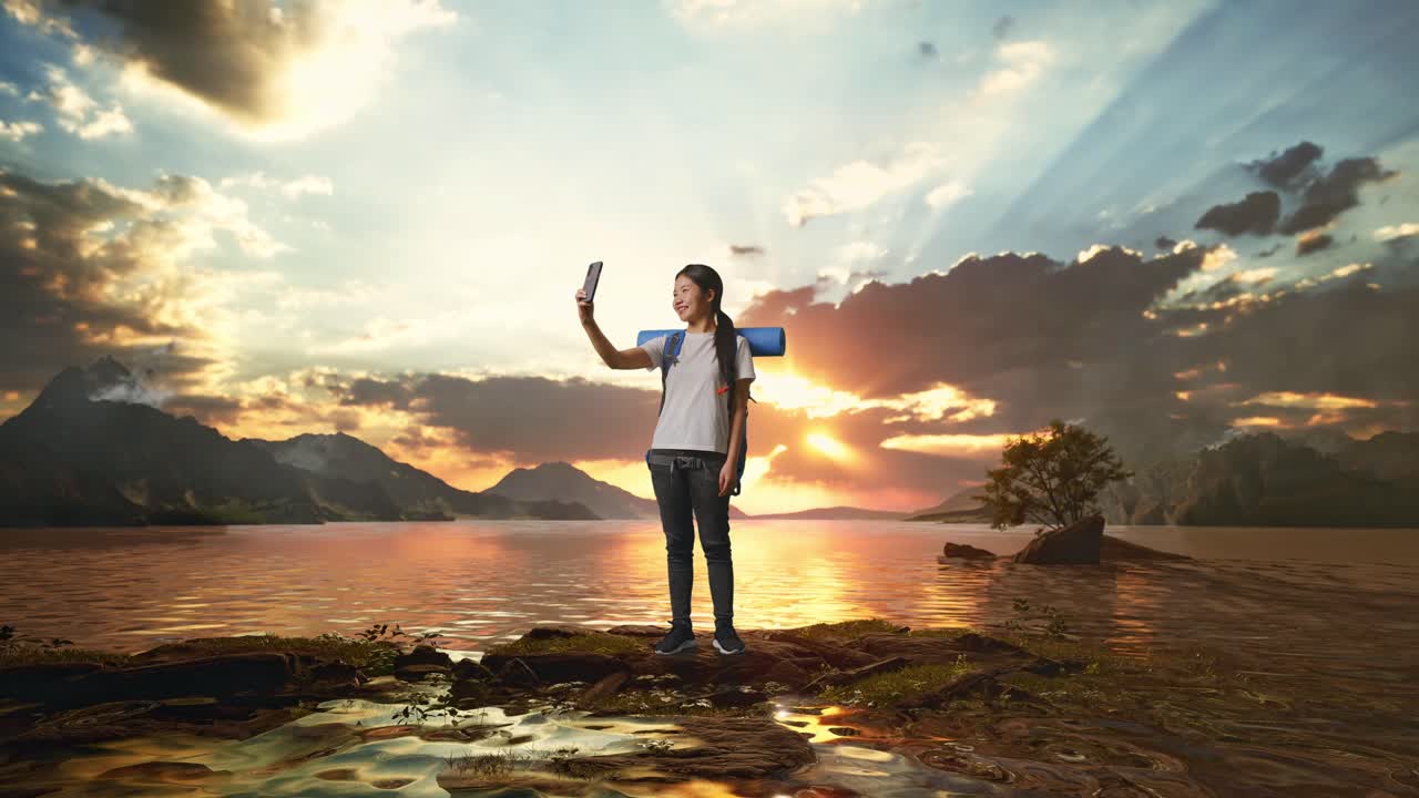 Full Body Of Asian Female Hiker With Mountaineering Backpack Showing Peace And Thumbs Up Gesture While Taking A Selfie At A Lake