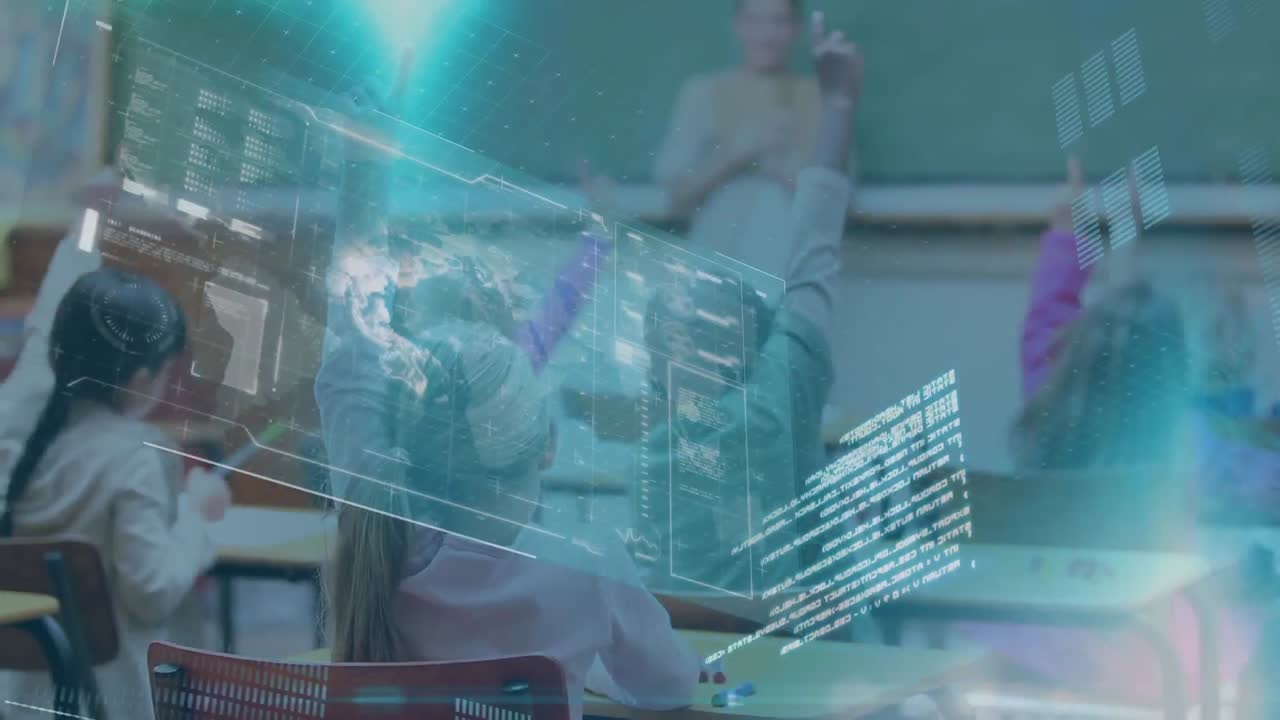 animación de niños en un aula sobre el procesamiento de datos en el fondo