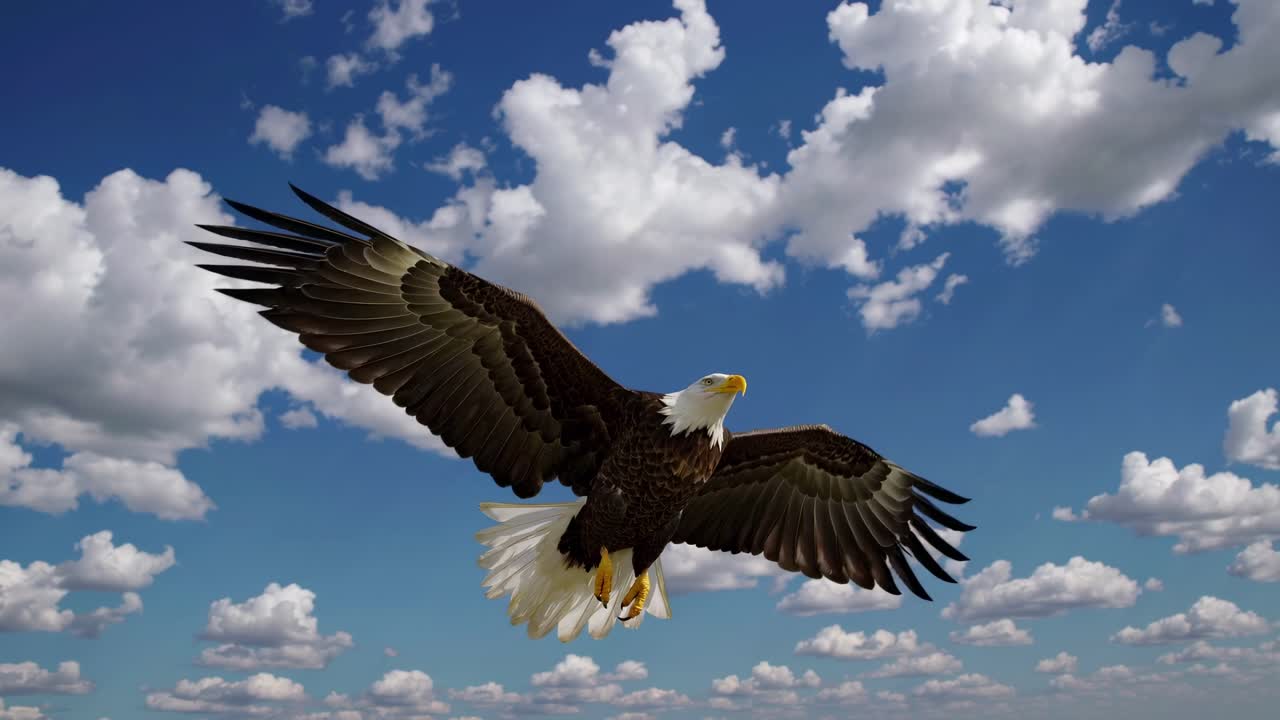 Majestic eagle soaring under a bright blue sky with fluffy clouds