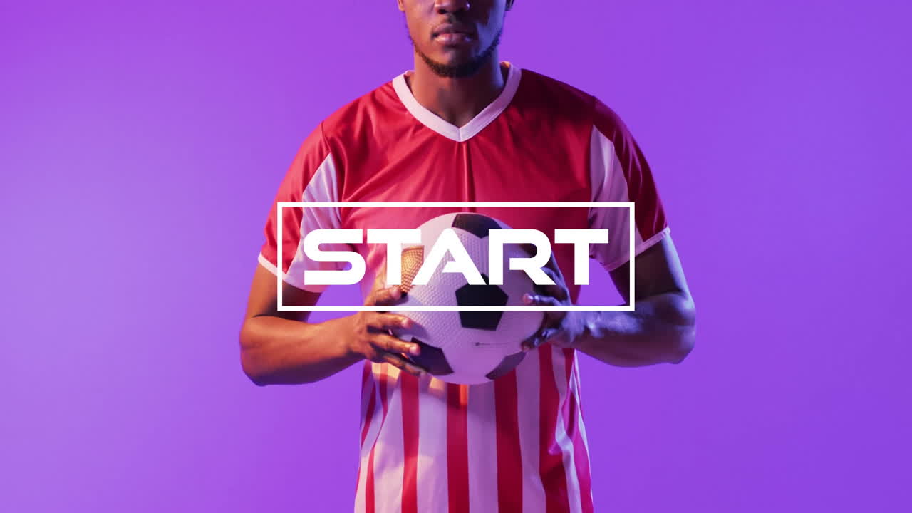 Holding soccer ball, player with START text overlay on purple background animation
