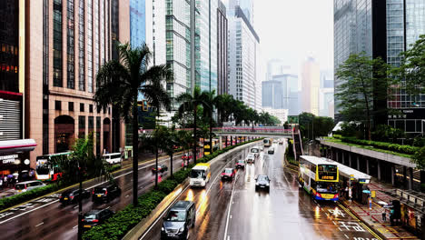 traffic on wet gloucester road in hong kong on a gloomy overcast rainy day