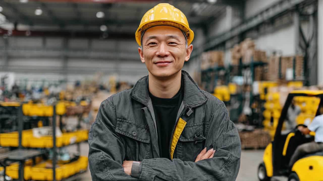 Confident Warehouse Worker in Safety Gear Smiling at Camera During Busy Day Amidst Industrial Equipment and Machinery