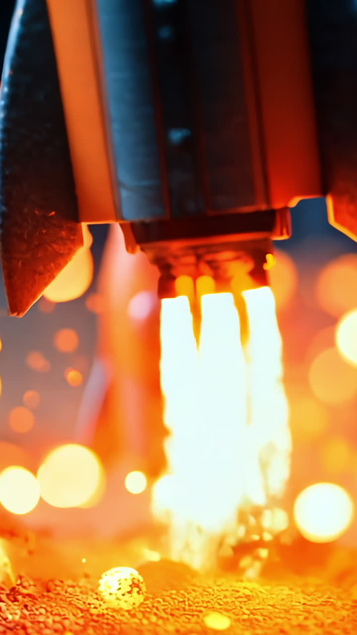 A small orange rocket is on the ground with a bright light coming from it. The image has a dreamy and imaginative feel to it, as if the rocket is about to take off into space