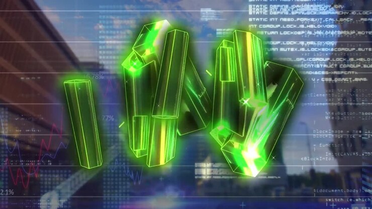 Animation of start text over colorful digital waves on moving shapes on dark background