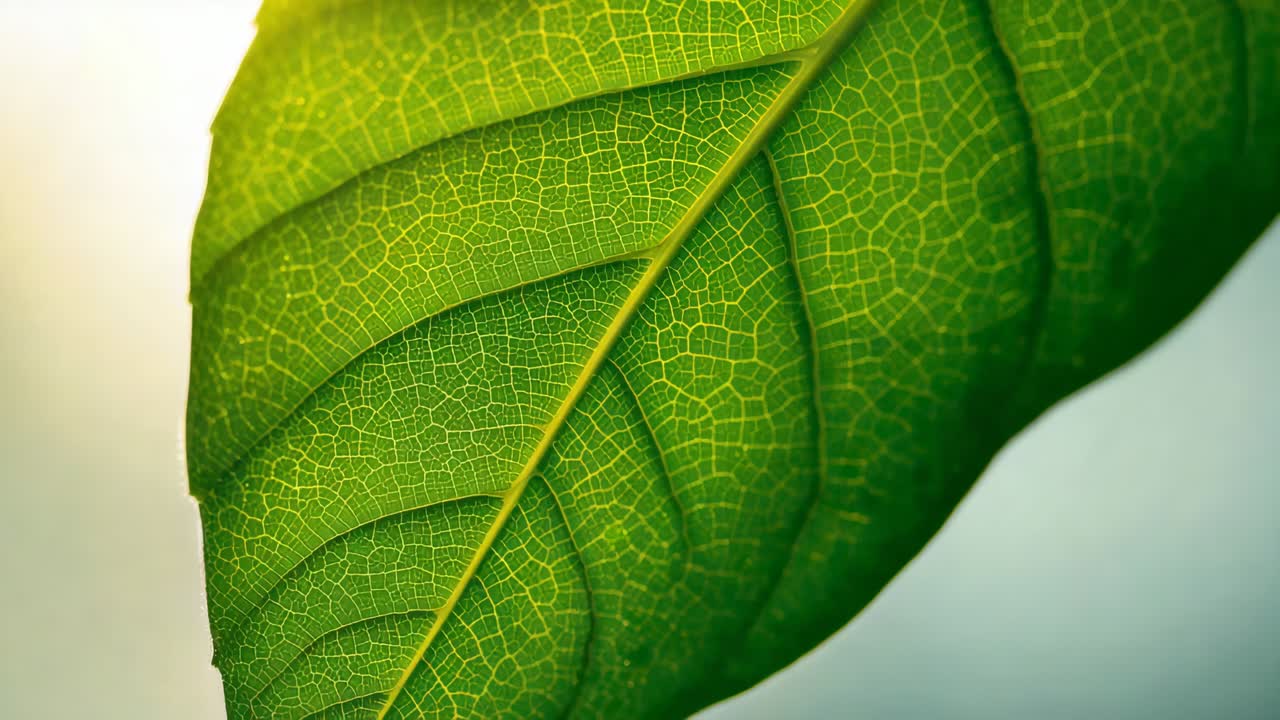 Shifting camera revealing single green leaf's midrib and fine veins to study in studio