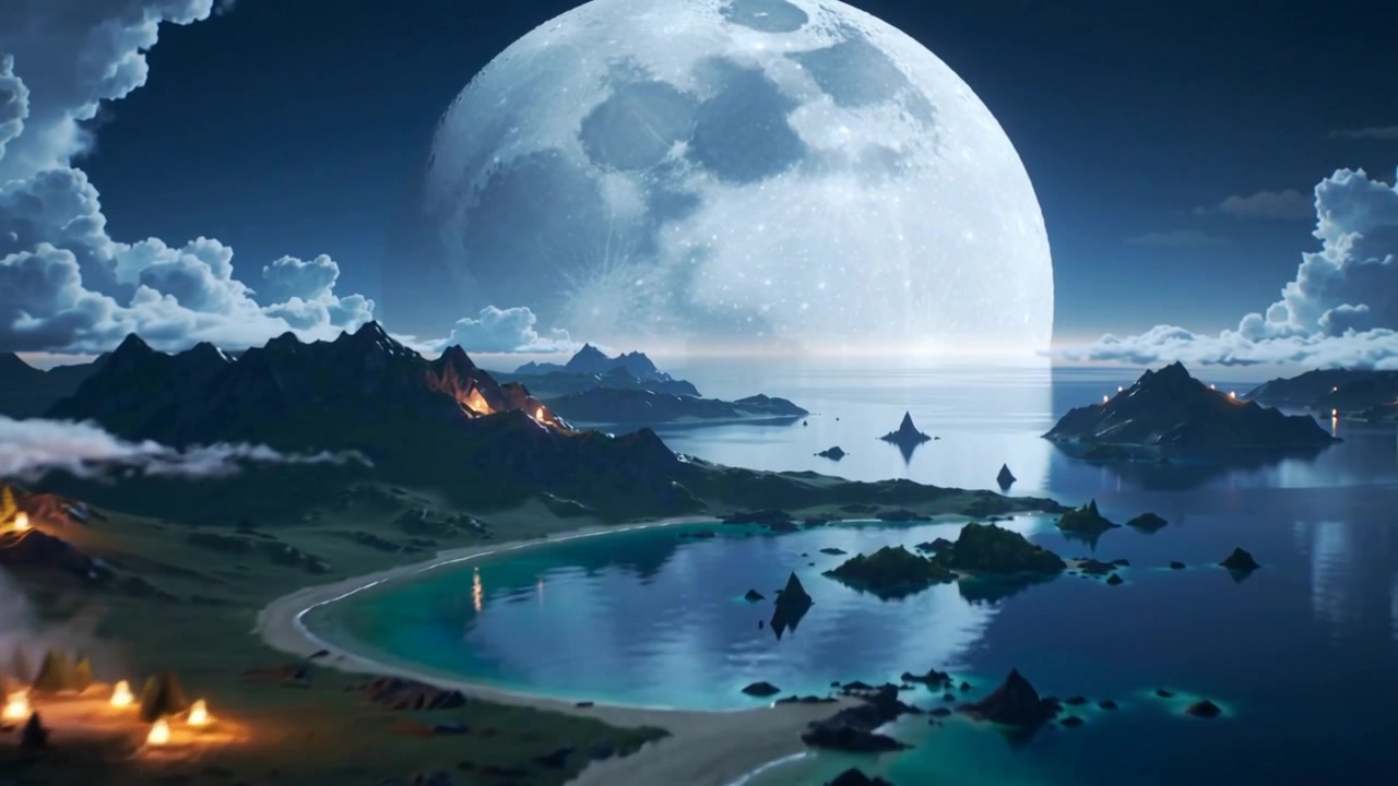 Panoramica della telecamera che rivela un'enorme luna piena su una baia costiera, mostrando la costa, fuochi e riflessi.
