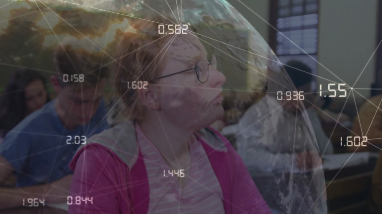 Female student writing in class noticing digital globe hologram fading network lines pulsing points
