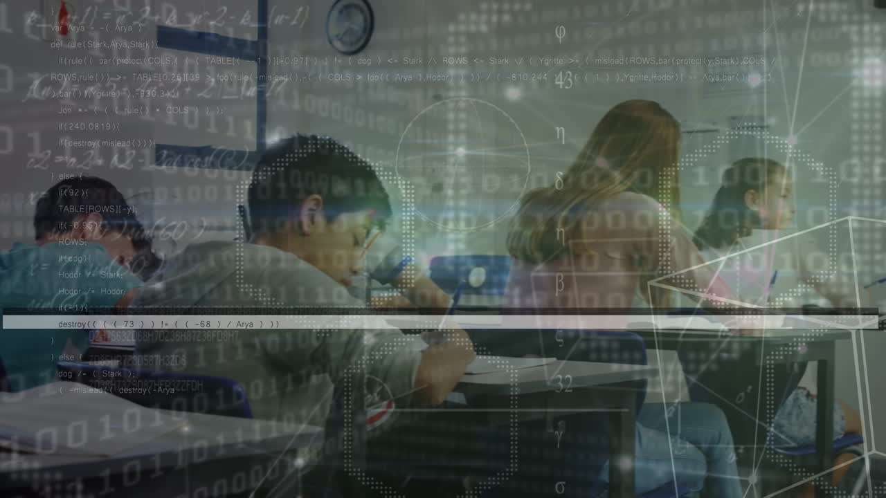 기하학적 모양의 애니메이션과 다인종 학생들이 시험을 쓰는 동안 이 코드를 루프하는 것