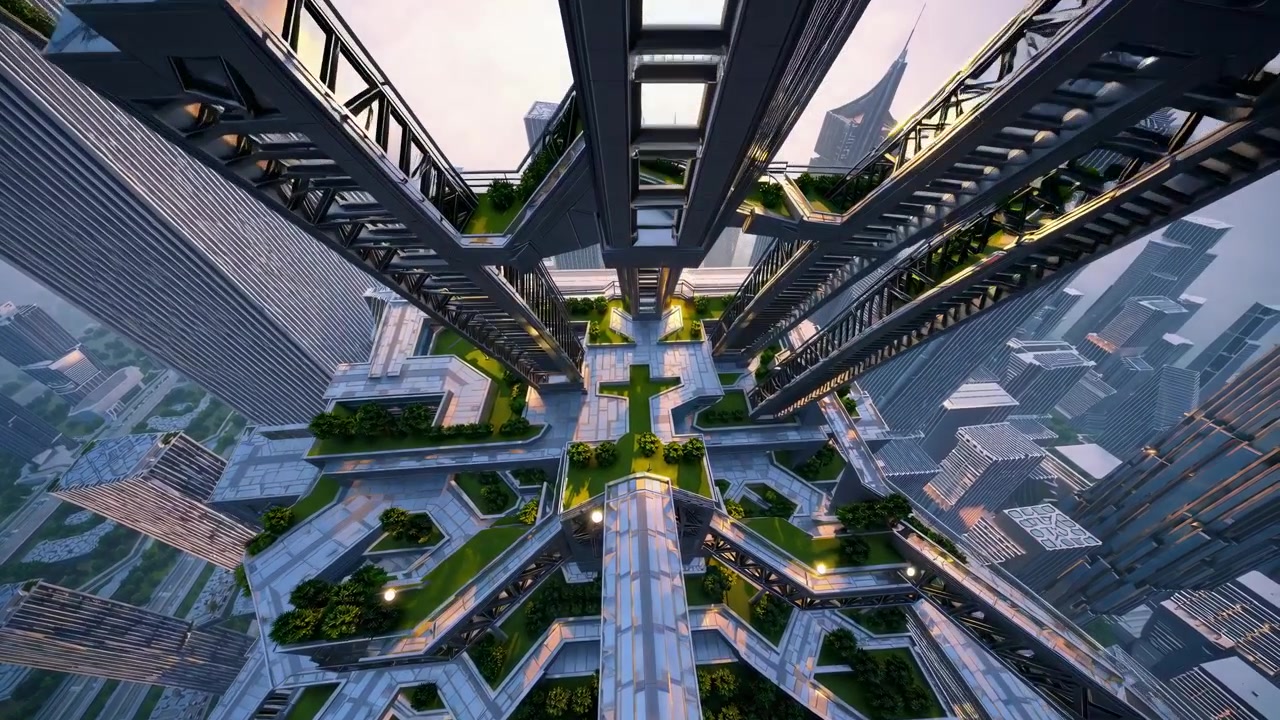Aerial View of Futuristic Skyscraper with Green Rooftop Gardens