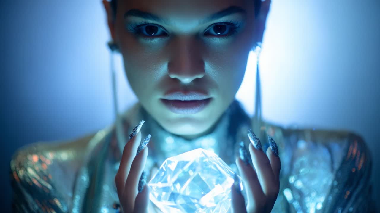 A Mysterious Figure Holding a Gem: Captivating Close-Up of a Young Person with Shimmering Silver Outfit, Illuminated by Soft Blue Light, Creating an Enigmatic Atmosphere Around a Precious Crystal