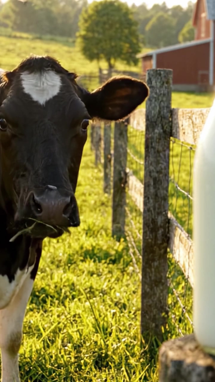 Una Vaca Curiosa se Acerca a la Botella de Leche en una Granja Soleada, Capturada en Dos Impresionantes Encuadres que Muestran la Tranquilidad de la Naturaleza y la Vida en la Granja.