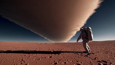 astronaut walking on mars in a sandstorm