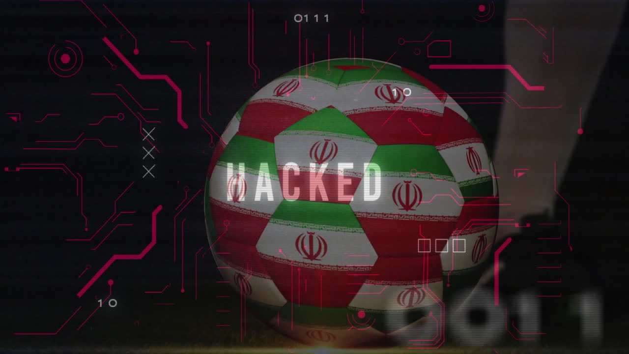Iranian flag on soccer ball with HACKED text in digital animation background