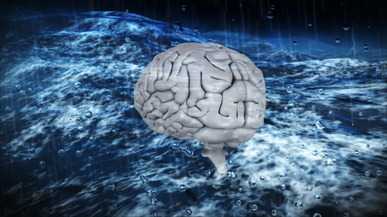 icono del cerebro humano girando contra la lluvia sobre las olas del mar en el fondo