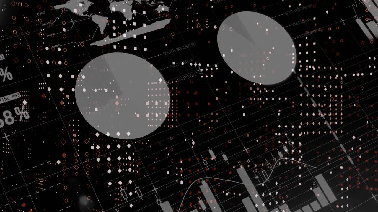 Animation of dots forming abstract pattern over infographic interface against black background