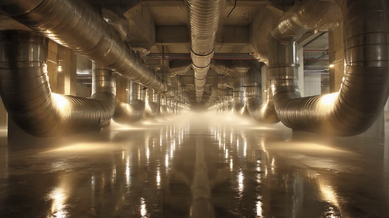 An eerie industrial scene illuminated by dramatic lighting, showcasing large metallic pipes and mist hovering over a reflective floor surface in a vast underground space