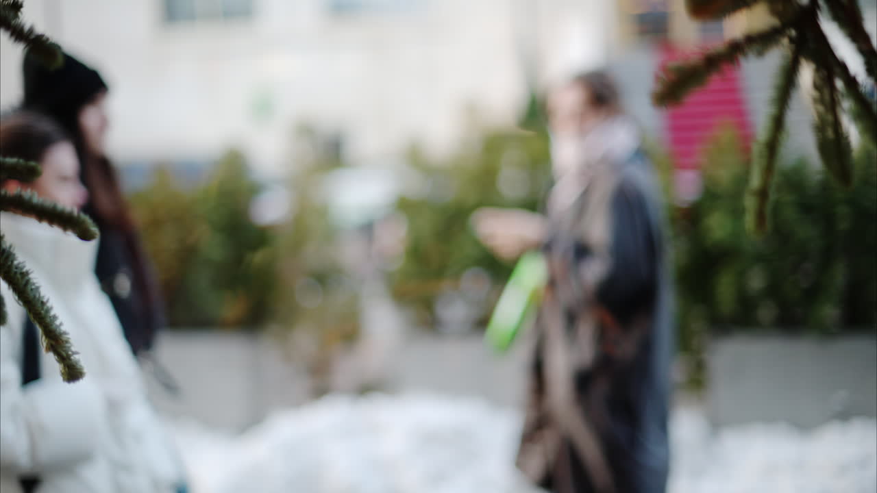 Out of focus background video of people walking in the city in winter season. Fir tree branches on foreground