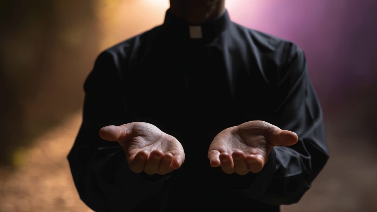 Una persona con un abito nero che tende le mani, a simboleggiare un'offerta, un rituale o una richiesta di attenzione in un ambiente scarsamente illuminato
