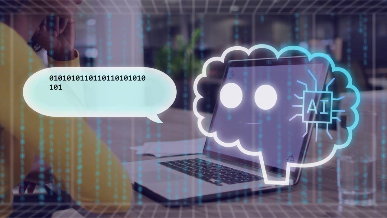 Una donna tiene il telefono in chiamata, chinandosi verso il laptop per cercare aiuto dall'IA, mentre il codice dell'avatar tecnologico si anima.