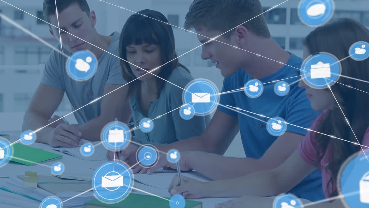 대학에서 함께 공부하는 다양한 학생들의 그룹에 대한 디지털 아이콘 네트워크의 애니메이션