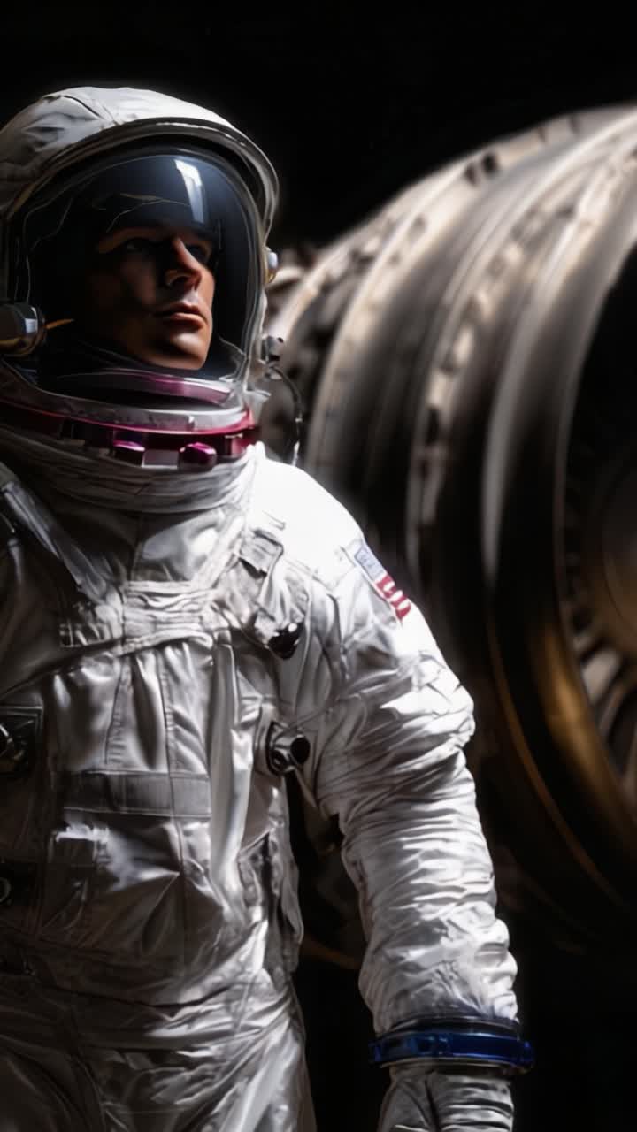 Seorang Astronot dengan Pakaian Antariksa Berdiri Dekat Mesin Roket Besar, Menatap Jauh ke Kejauhan dengan Rasa Kagum di Lingkungan yang Remang-remang